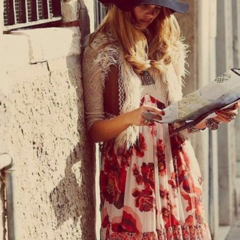 Free People Rose Floral Print Red Mini Sweater Dress